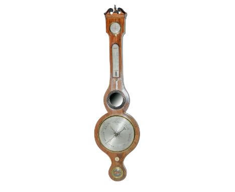 A Victorian mahogany and line inlaid barometer, with convex mirror in reeded ebonised slip, 95cm h  Faded with slight wear, b