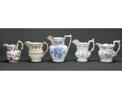 A Staffordshire pearlware Bacchus double mask jug, c1820, painted in overglaze enamels, 15cm h and four various other Staffor