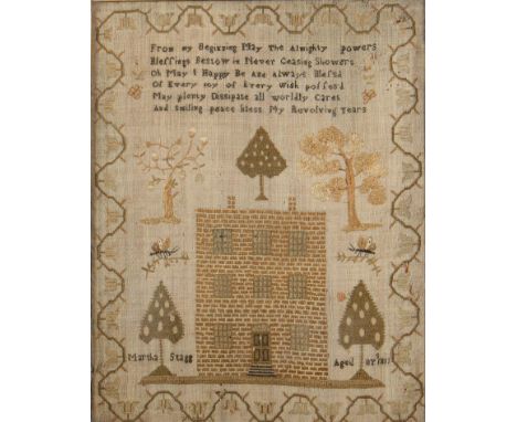 A George III linen sampler, Martha Stagg aged 8 ys 1811, worked with house, butterflies and trees beneath verse in zig-zag bo