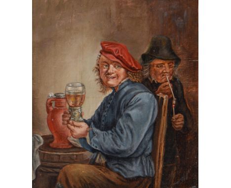 After David Teniers the Younger - A Man Holding a Glass and an Old Woman Lighting a Pipe, oil on board laid on panel, 21 x 18