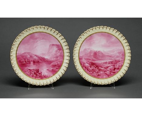 A pair of E J D Bodley dessert plates, c1880-1892, painted by J Birbeck, both signed, with landscapes en camaieu, in raised g