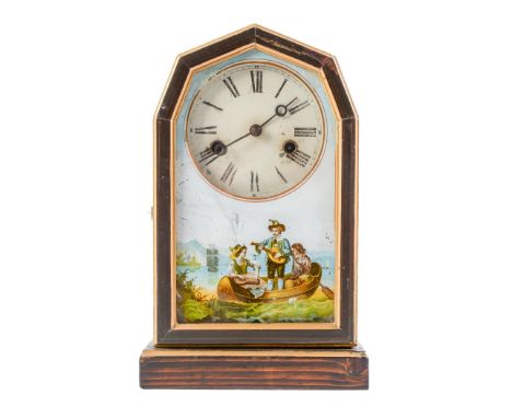 An American stained wood shelf clock, late 19th c,&nbsp;with painted dial and gong striking movement, the glazed door with re