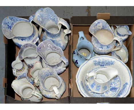 A William Ridgway enamelled lavender blue earthenware jug and miscellaneous blue or puce printed Staffordshire earthenware ju