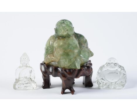 A Chinese bornite sculpture of Buddhi, 13cm h, wood stand and two other items (3)  The large statue with chips and losses to 