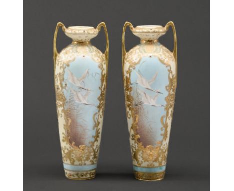A pair of Noritake vases, early 20th c, painted to both sides in the style of C H C Baldwyn, with swans, based on Royal Worce
