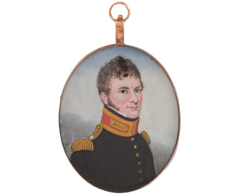 Frederick Buck (1771-1839) - Portrait miniature of an Officer, in black tunic with red and braided collar and epaulettes, sky