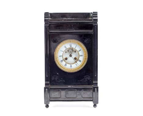 A marmo nero belgio mantel clock, late 19th c, the enamel dial with visible brocot escapement, gong striking movement, pendul