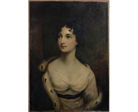 English School, early 19th c - Portrait of a Young Woman, bust length in a white dress, an ermine trimmed cloak around her sh