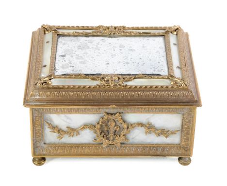 A Palais Royal brass and mother of pearl jewel casket, late 19th c, the lid with inset mirror, wood lined, 13.5cm l  