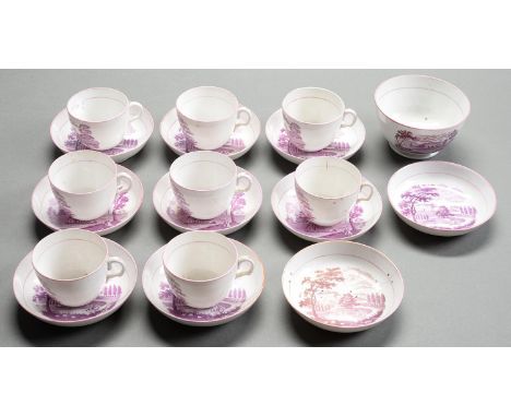 A Staffordshire bone china tea service, c1810, with puce bat prints of notable buildings or rural scenery, including a windmi