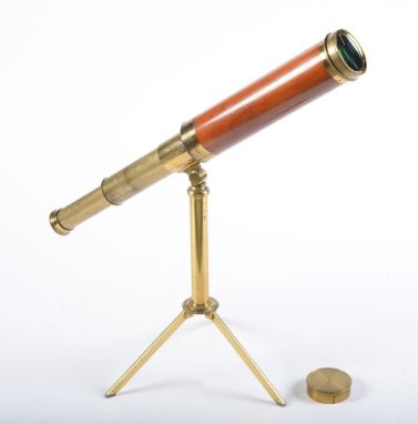 A 2" brass refracting telescope, G Davis Leeds, 4-draw with mahogany tube, lens cap, on brass stand with compass joint and fo