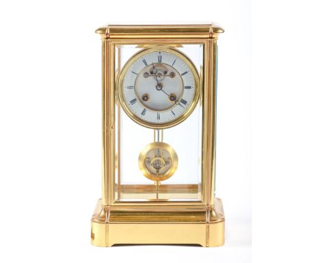 A French four glass clock, late 19th c, the enamel dial with visible brocot escapement, bell striking movement with grid iron