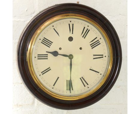 A mahogany stained wall clock, early 20th c, with painted dial and bell striking movement, pendulum, 41cm diam and a smaller 