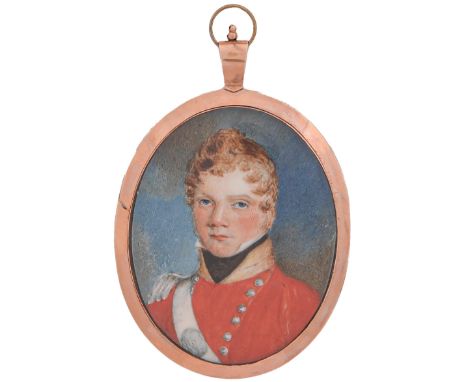 English School, early 19th c - Portrait miniature of an Officer, in scarlet tunic with black stock, epaulette and white cross