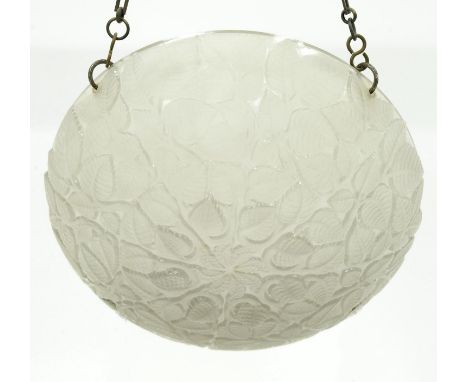 'Charmes'. A Lalique frosted glass plafonnier, 34cm diam, moulded mark R LALIQUE, suspended from three chains and painted met