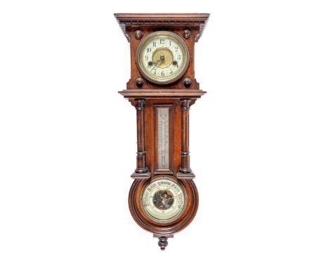 A German walnut dwarf wall clock with barometer and thermometer, c1900, with primrose enamel chapter ring and register, pendu