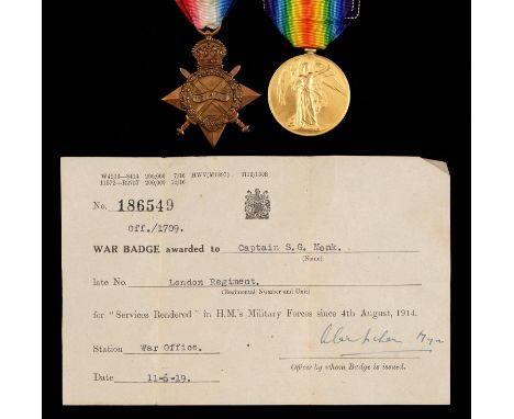 World War One pair, 1914-15 Star and Victory Medal 2 Lieut S G Monk 4/Lond R [2 Lieut S G Monk on Victory] and printed enclos