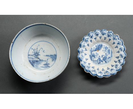 An English Delftware bowl, probably Lambeth, c1770, painted with island landscapes, 22cm diam and a Northern European miniatu