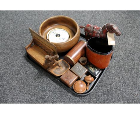 A tray of wooden items, miniature oak table box in the form of a settle, barometer, fruit bowl, wooden tang horse, ash tray e