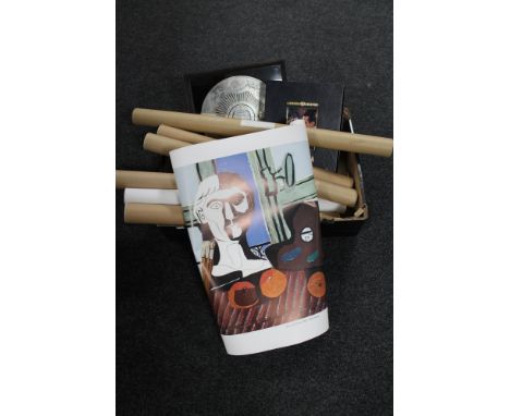 Five rolled posters - Andy Warhol, Picasso etc, vintage camera, commemorative china, boxed Casablanca set 