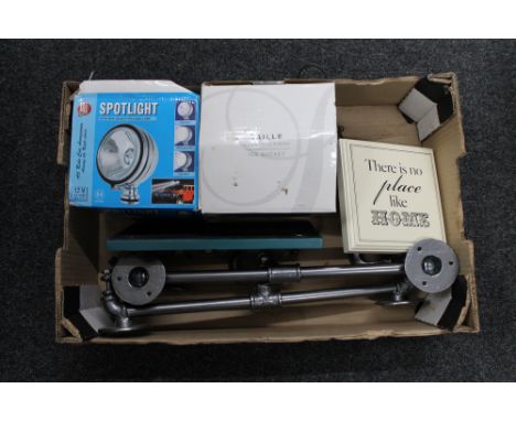 A box of ice bucket, spotlight, metal industrial style coat hooks etc 