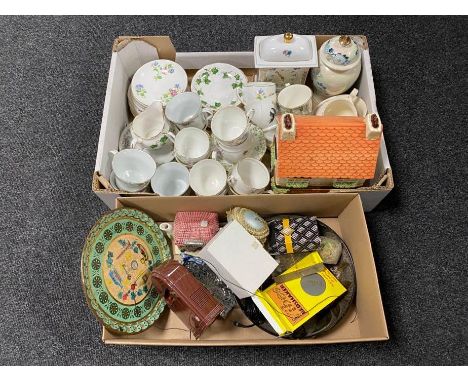 A box of part English china tea service, china mantel clock, kitchen storage jar in the form of a village post office, furthe