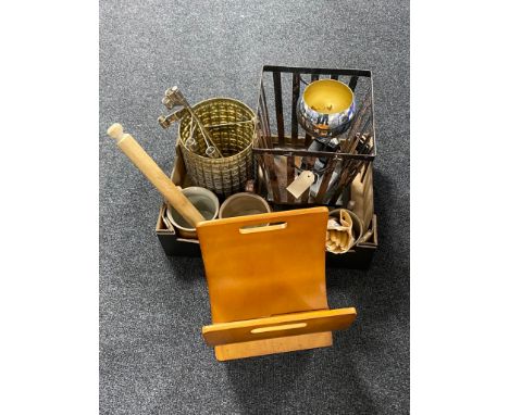 A box of rolling pin, glazed kitchen jars, brass bin, metal planter, contemporary magazine rack etc 