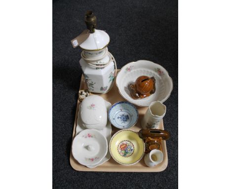 A tray of Aynsley china table lamp, Belleek vase, five pieces of Donegal china, Maling Peony Rose bowl etc 