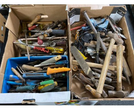 Two boxes of hand tools, miniature bench vice, folding wooden rules etc 