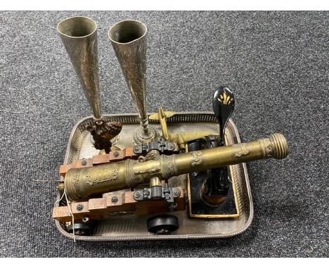 A silver plated gallery tray, brass El Tigre cannon on stand, vintage punch, plated vases etc 