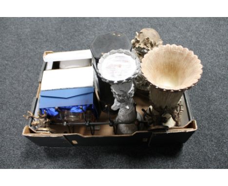 A box of contemporary mantel clocks, metal coat hooks, ornaments etc 