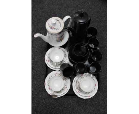 A tray of fifteen piece coffee service, Paragon Lavina tea pot, three Royal Standard fancy free china trios 