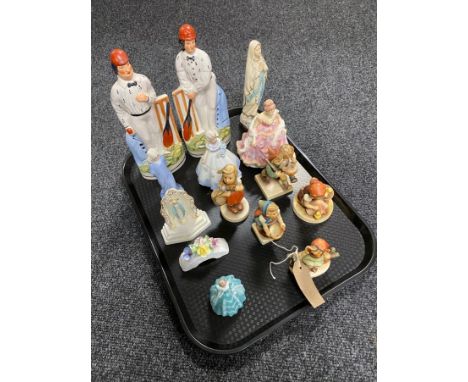 A tray of pair of Staffordshire flat backed cricketer figures, five Hummel figures, Coalport miniature figure; Jade etc 