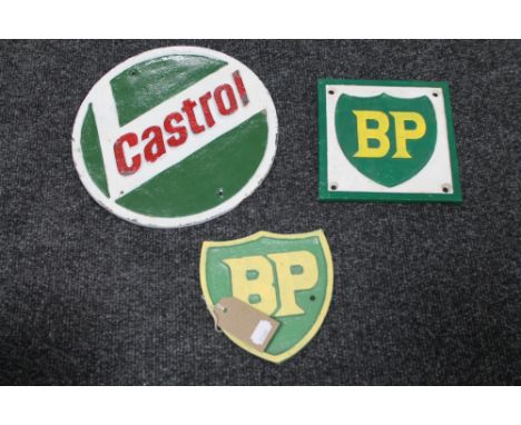 Three cast iron plaques - Two BP and Castrol