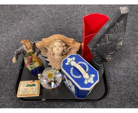 A tray of carved tribal figure, champagne bucket, vintage tin, glass perfume bottle, pottery Chinese figure