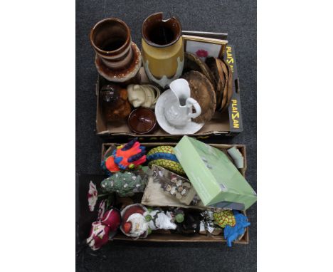 Two boxes of contemporary figures, jewellery stand, West German vases, wall plaques, jug and basin etc 