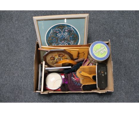 A box of vintage lady's hand bags, clothes brushes, marquetry panels, framed bead work panel etc 