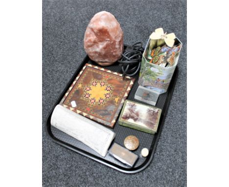 A tray of Rock salt table lamp, Tudor butterflies, Victorian trinket box, lacquered snuff box, marquetry tray etc 