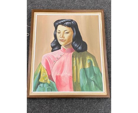 A framed oil on board; Portrait of a lady by I Lindsay 