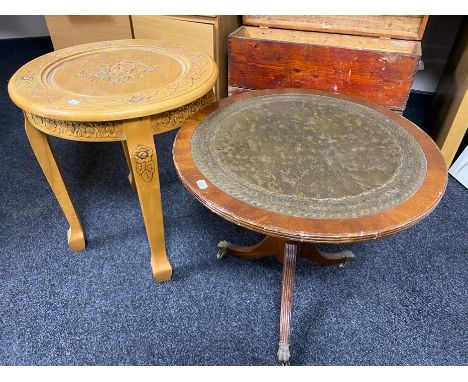 A mahogany leather topped Regency style pedestal wine table together with a pine lamp table 