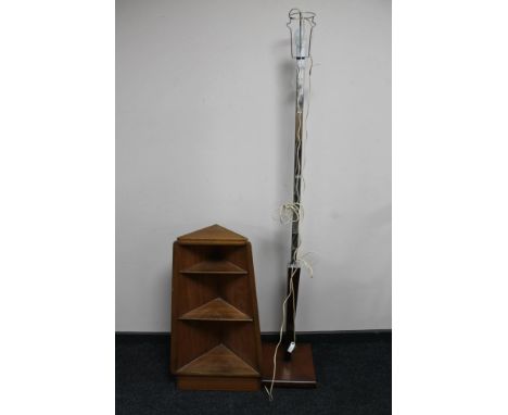 An Art Deco chrome standard lamp on wooden base together with a set of mid century corner shelves 