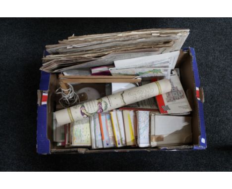 A box of map of Northumberland, angle poise lamp, Ordnance survey maps, celebration issue newspapers 