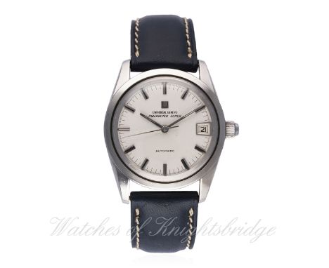 


A GENTLEMAN&rsquo;S STAINLESS STEEL UNIVERSAL GENEVE POLEROUTER SUPER AUTOMATIC WRIST WATCH
CIRCA 1960s, REF. 869112/22
D: