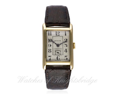 A RARE GENTLEMAN'S 18K SOLID GOLD RECTANGULAR ROLEX CHRONOMETER WRIST WATCH CIRCA 1930s D: Silver dial with black Arabic nume