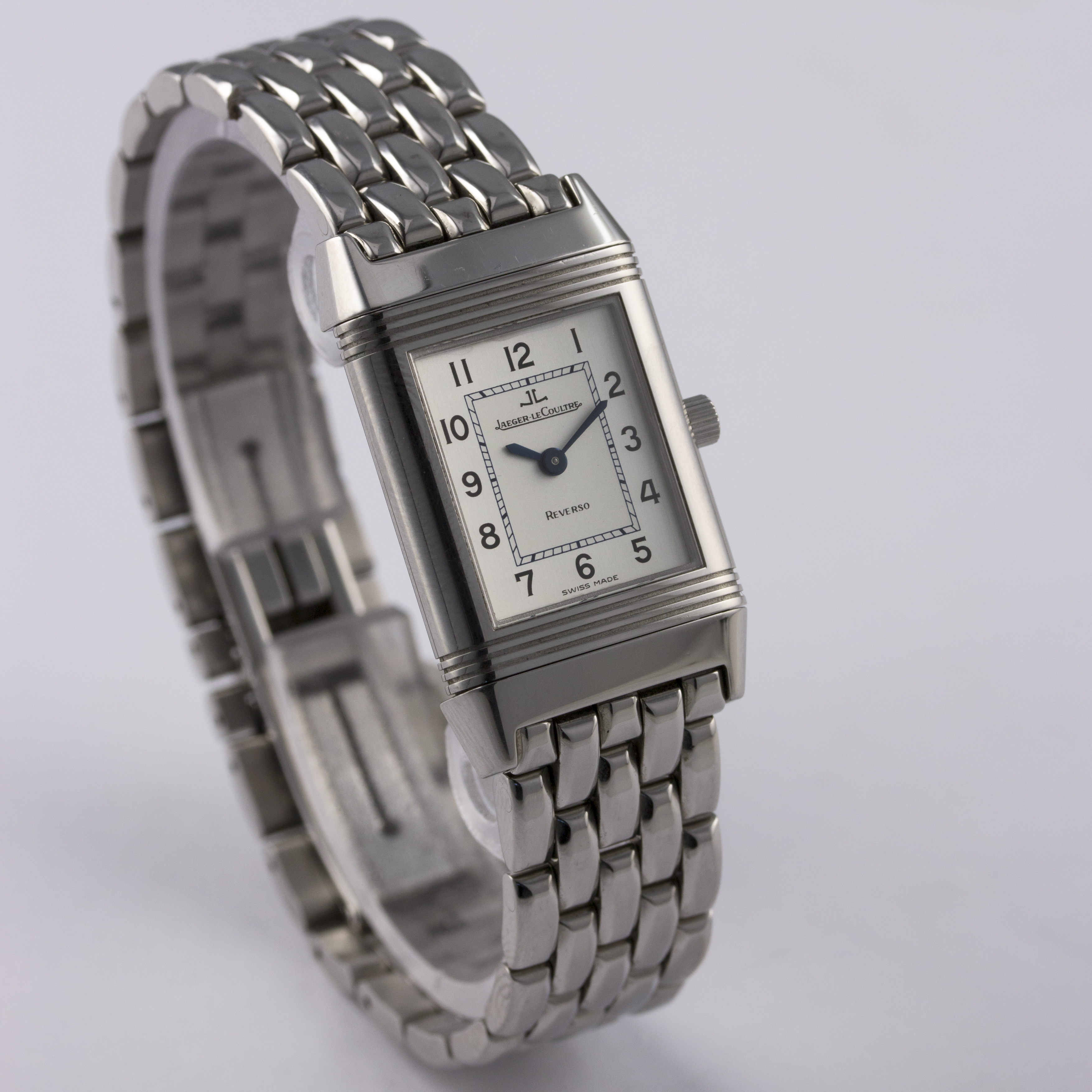 A LADIES STAINLESS STEEL JAEGER LECOULTRE REVERSO BRACELET WATCH CIRCA ...