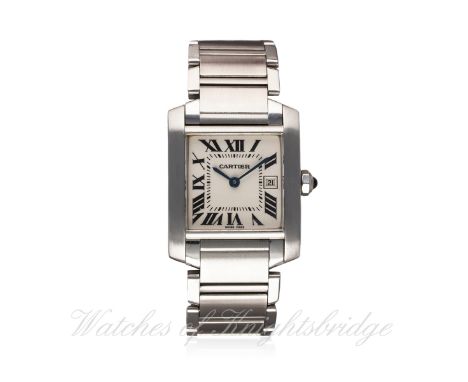 A MID SIZE STAINLESS STEEL CARTIER TANK FRANCAISE BRACELET WATCH CIRCA 2000s, REF. 2465 D: Silver dial with black Roman numer