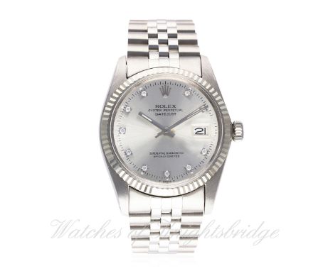 A GENTLEMAN'S STEEL &amp; WHITE GOLD ROLEX OYSTER PERPETUAL DATEJUST BRACELET WATCH CIRCA 1981, REF. 16014 
D: Silver dial wi