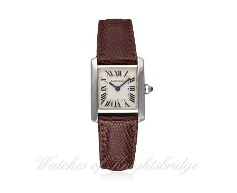 A LADIES STAINLESS STEEL CARTIER TANK FRANCAISE WRIST WATCH CIRCA 2000, REF. 2384 D: Silver dial with black Roman numerals, i