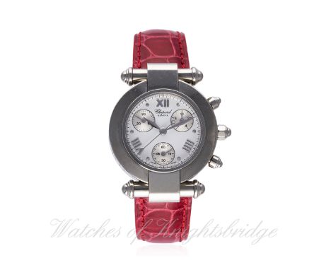 A LADIES STAINLESS STEEL CHOPARD IMPERIALE CHRONOGRAPH WRIST WATCH CIRCA 2000, REF. 8378 D: Silver dial with silver Roman num