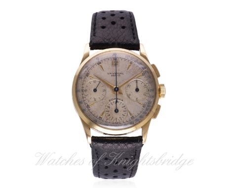 


A GENTLEMAN`S 18K SOLID GOLD UNIVERSAL GENEVE COMPAX CHRONOGRAPH WRIST WATCH
CIRCA 1950, REF. 12494-1 WITH UNIVERSAL GENEV